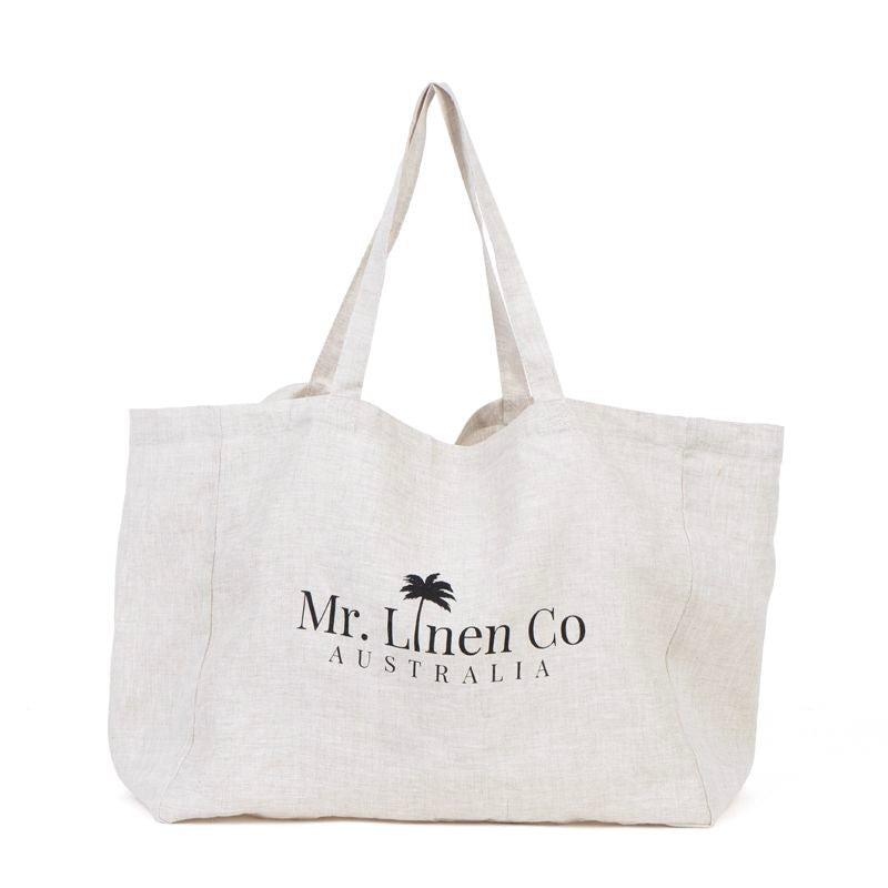White tote bag with 'Mr. Llinen Co Australia' logo on a white background