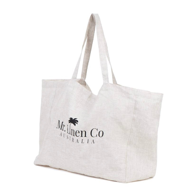 White tote bag with 'Mr. Llinen Co Australia' logo on a white background