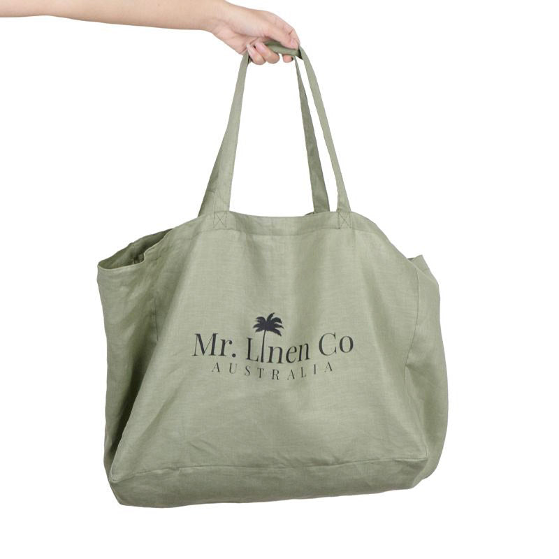 Sage tote bag with 'Mr. Linen Co Australia' logo on a white background