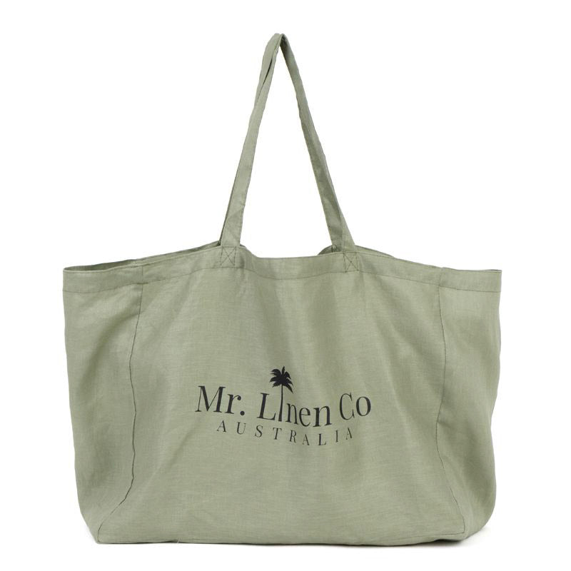 Sage tote bag with 'Mr. Linen Co Australia' logo on a white background