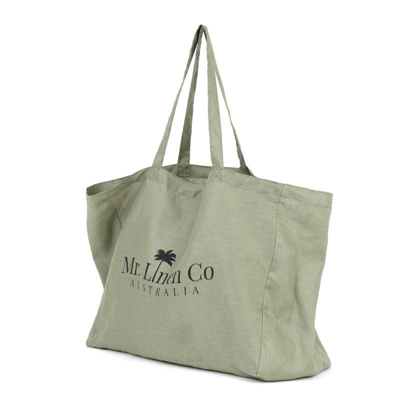 Sage tote bag with 'Mr. Linen Co Australia' logo on a white background